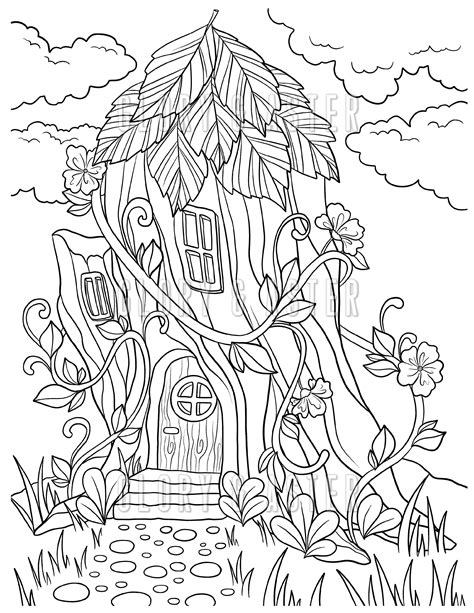 fairy tree house coloring page printable adult coloring page etsy