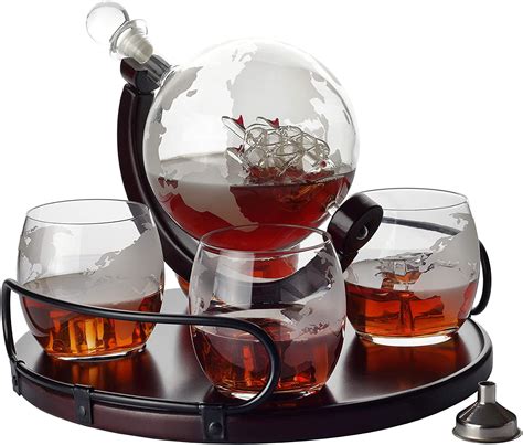 Whiskey Decanter Etched Globe T Set 4 Glasses With Newest Wood