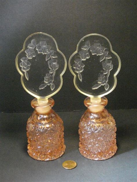Vintage Pair Pink Glass Perfume Bottles W Large Intaglio Stoppers Czech
