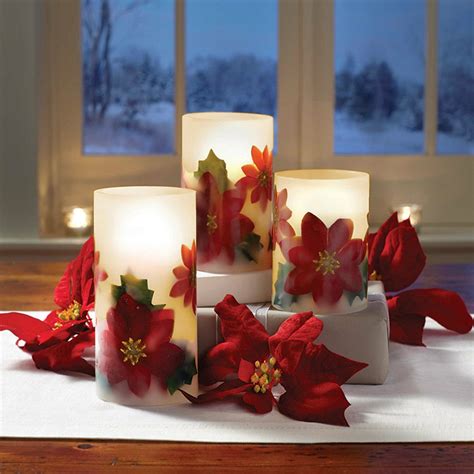 led flameless holiday poinsettia pillar candles set   shop