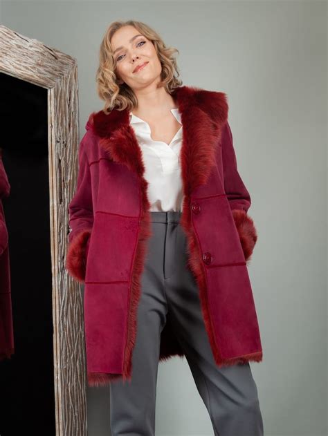 fur lined red sheepskin hooded coat handmade  nordfur