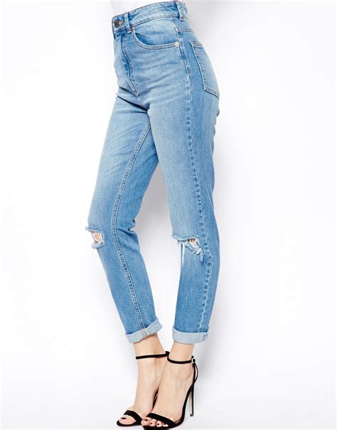 asos farleigh high waist slim mom jeans in mid wash blue with busted