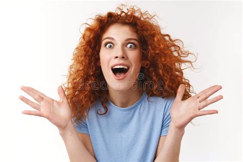 Close Up Shot Emotive Attractive Redhead Curly Haired Woman Raising