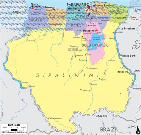detailed political map  surinam ezilon maps