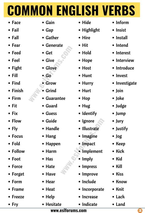 list  verbs learn  common verbs  english  esl pictures
