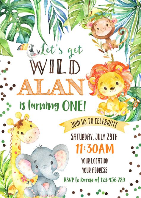 jungle animal safari birthday invitation wild  invite