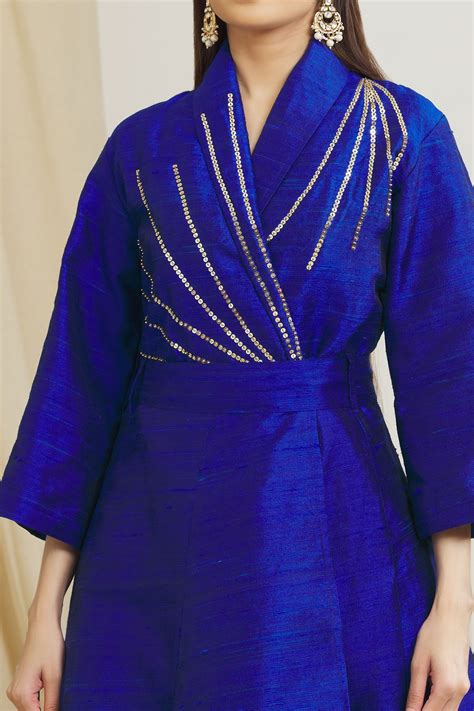 buy surendri blue raw silk kimono jacket and pant set online aza fashions