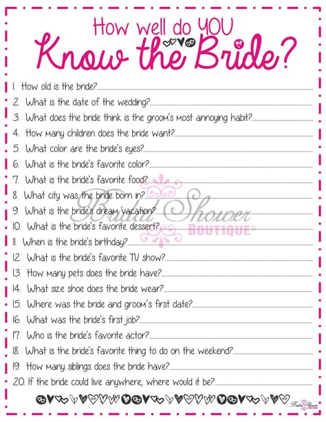 how well do you know the bride bridal shower game pink fun