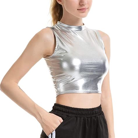 buy seevy women s metallic sleeveless crop tank top turtleneck top for