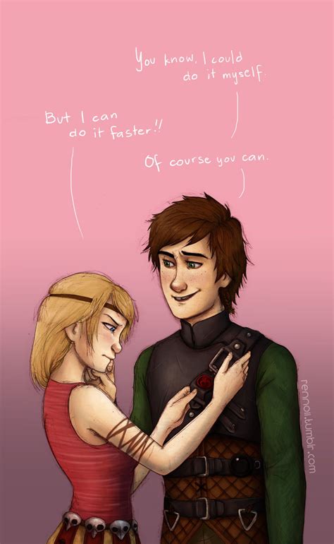 astrid helping hiccup put   armor   shes