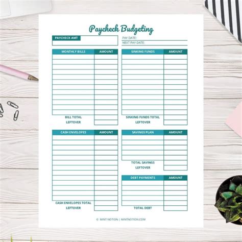 paycheck budgeting printable mint notion