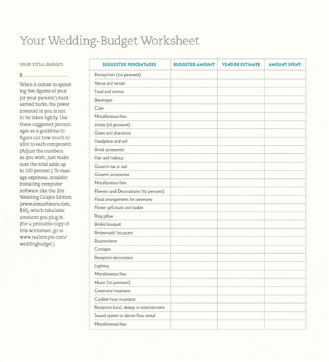 wedding budget worksheet  real simple click