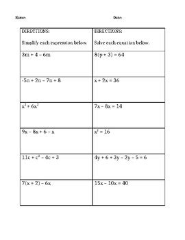 combining  terms  solving equations worksheet  manskes math store