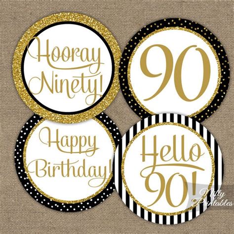 90th Birthday Cupcake Toppers Black And Gold 90 Years Bday