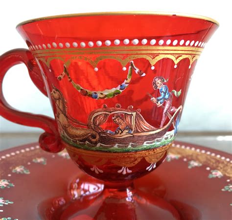 Moser Ruby Glass Cup And Saucer ‘venetian’ Scenes C 1925 Moorabool