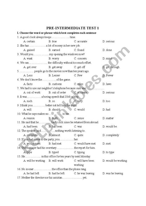 pre intermediate english test esl worksheet  sunnyle