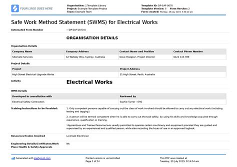 safe work method statement  electrical works editable template