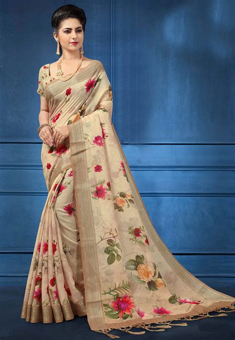 digital printed linen silk saree  beige syc saree designs