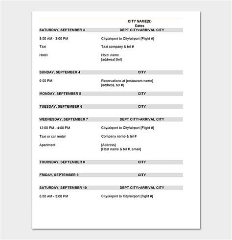 business itinerary template doctemplates