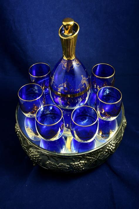Venetian Glass Cobalt Blue And Gold Gilt Decanter Set From