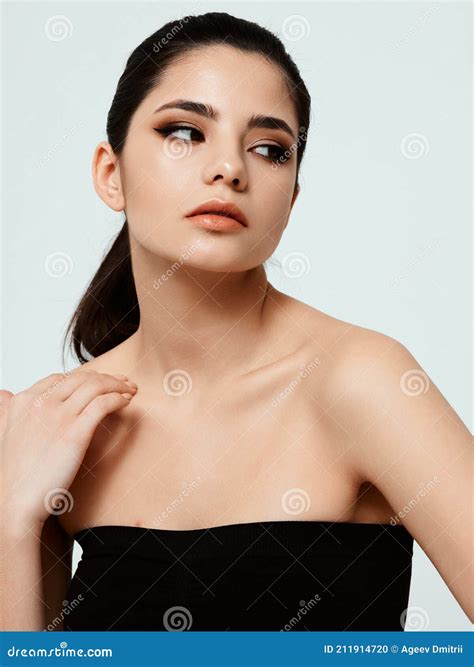 Beautiful Brunette Naked Shoulders Black Dress Evening Makeup Stock