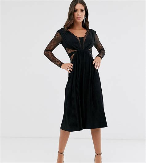 asos design tall midi jurk met lange mouwen met kant en plooien zwart tall fashion