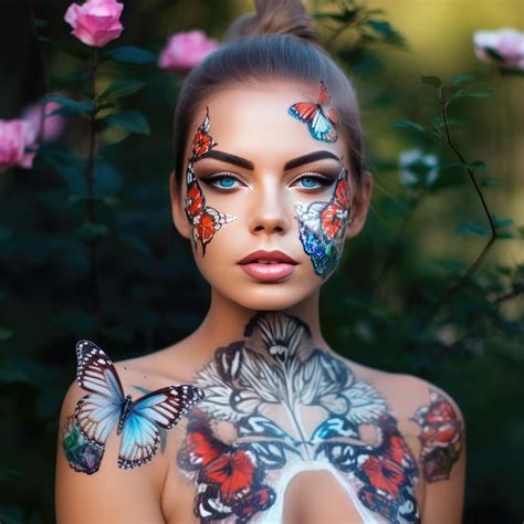 Premium Photo Sensual Woman With Body Art And Colored Eyes And Lips