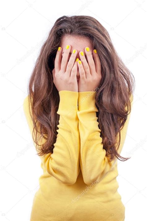 frightened girl hiding  face stock photo  andriikoval
