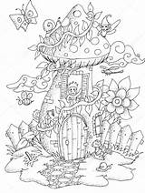 Fairy House Coloring Pages Magic Drawing Tree Adult Illustration Template sketch template