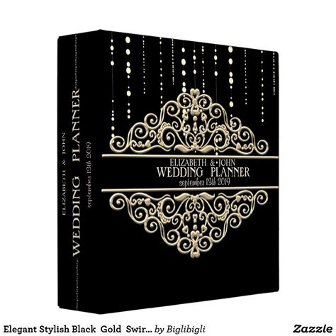 Elegant Stylish Black Gold Swirl Wedding 3 Ring Binder