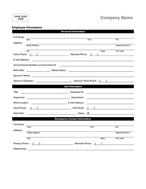 employee contact form template   employment form job information templates