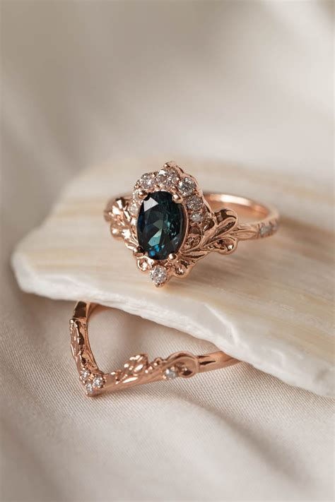 Teal Tourmaline And Diamonds Bridal Ring Set Baroque Inspired