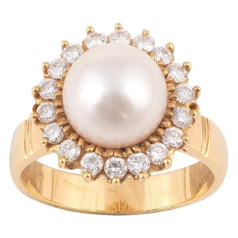 cultured pearl diamond platinum triple cluster ring  sale  stdibs
