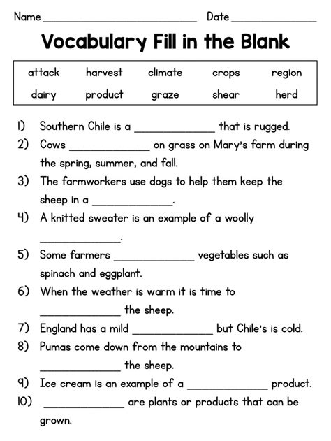 farm vocabulary fill   blanks worksheet