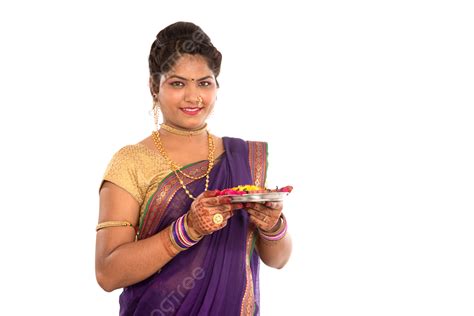 Indian Girl Holds Pooja Thali And Diya Expression Occasion Holding