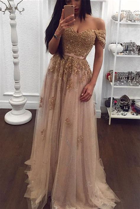 gold lace tulle beaded sweetheart  shoulder prom dress evening promnova