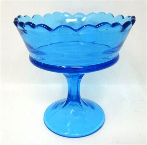 Vintage Blue Glass Compote Bowl Candy Nut Trinket Dish Scalloped Edge