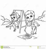 Coloring Playground Cartoon Kids Vector Illustration Girls Preview sketch template