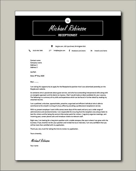 receptionist cover letter  experience    letter