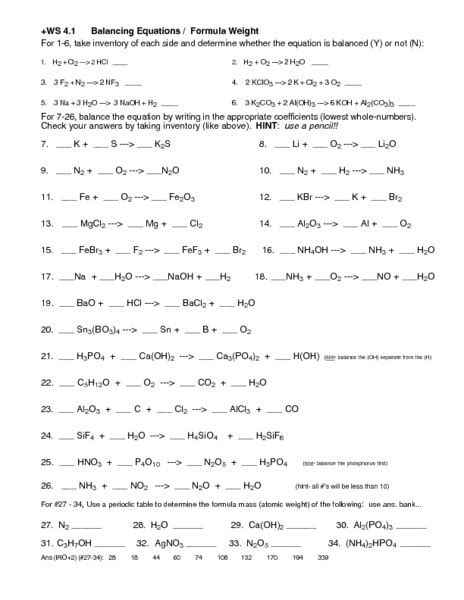 balancing chemical equations practice  grade balancing equations practice worksheet easy