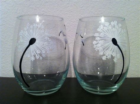 Hand Painted Dandelion Stemless Wine Glasses Set Of 2 Etsy Wine
