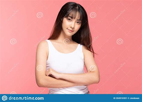 Beautiful Asian Woman Looking At Camera Smile With Clean And Fresh Skin