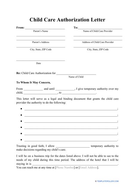 child care authorization letter template  printable