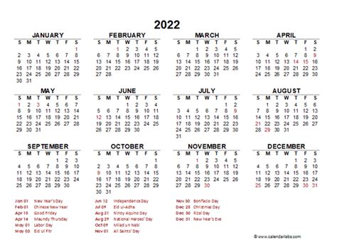 year   glance calendar  philippines holidays