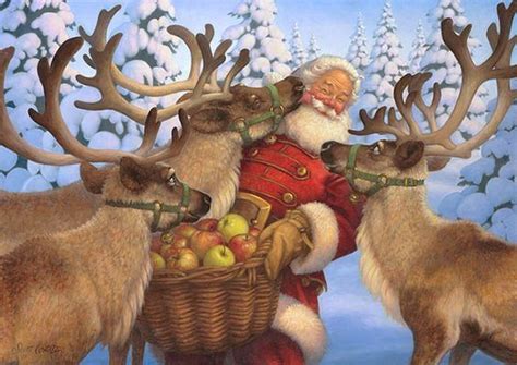 santa claus feeding apples to his reindeer for christmas merry