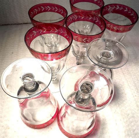 set of 8 victorian cut ruby glass rim wine rummer glasses antique