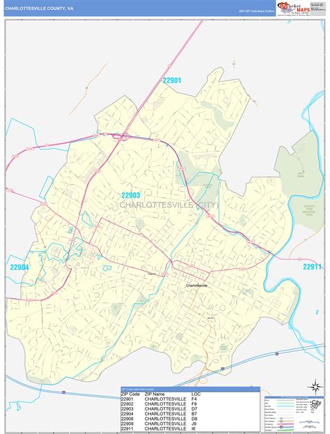 charlottesville county va zip code wall map basic style  marketmaps