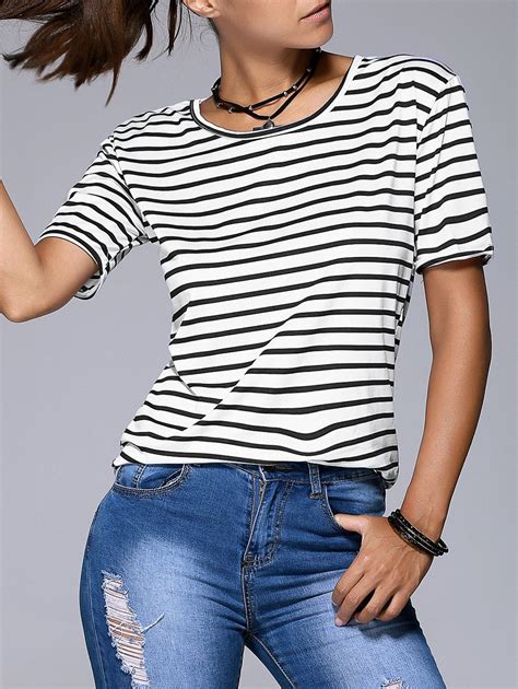 [17 off] 2021 women s graceful striped short sleeve t shirt in white