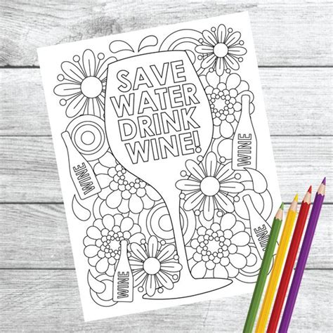 save water drink wine wine therapy coloring page etsy save