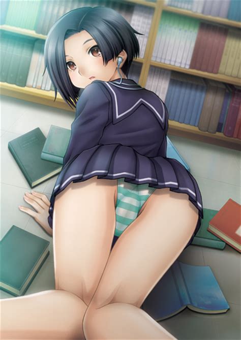 xbooru 1girl all fours ass bent over black hair book bookcase bookshelf brown eyes dutch angle